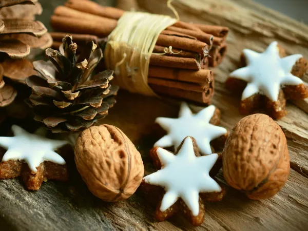 Blick auf einen mit Zapfen, Zimstangen, Walnüssen und Zimtsternen gedeckten Tisch